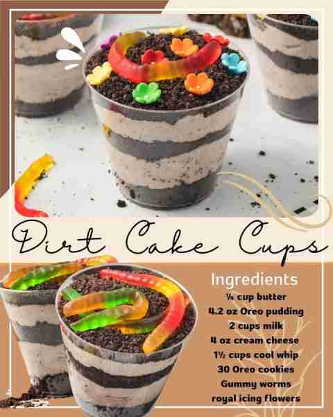 DIRT CAKE CUPS! ¼ cup butter 4.2 oz Oreo pudding 2 cups milk 4 oz cream cheese 1½ cups cool whip 30...