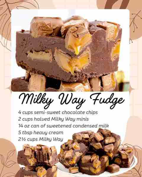 MILKY WAY FUDGE! 4 cups semi-sweet chocolate chips 2 cups halved Milky Way minis 14 oz can of sweete...