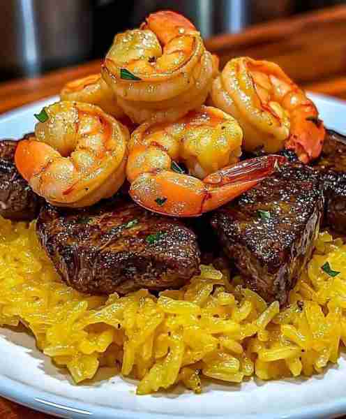 Garlic Butter Steak & Shrimp over Saffron Rice*: ### Ingredients: *For the steak & shrimp:* * 1/2 lb...