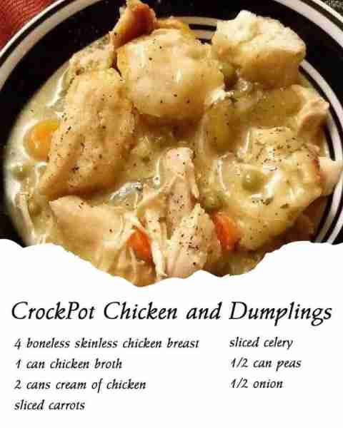 Crockpot Chicken and Dumplings 😍😍 INGREDIENTS 1 onion, chopped 1 1/4 lb. boneless skinless chicken...