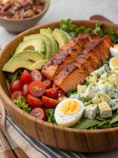 Vibrant Salmon Cobb Salad – Fresh, Nutritious & Full of Flavor! This colorful Cobb salad features fl...