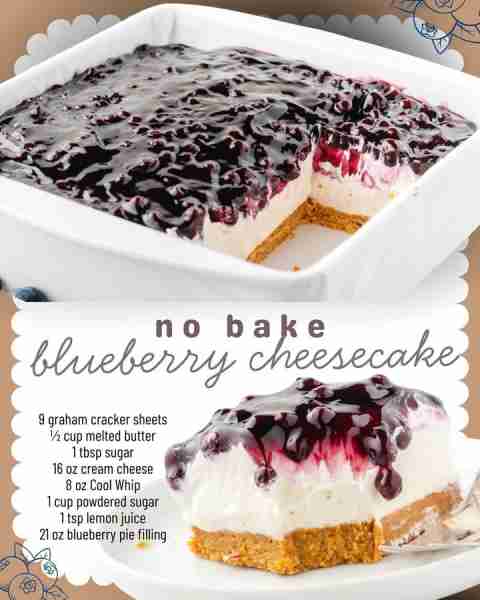 No bake blueberry cheesecake 🫐🍰 Ingredients 🫐9 graham cracker sheets (one sleeve) 🫐1⁄2 cup of me...