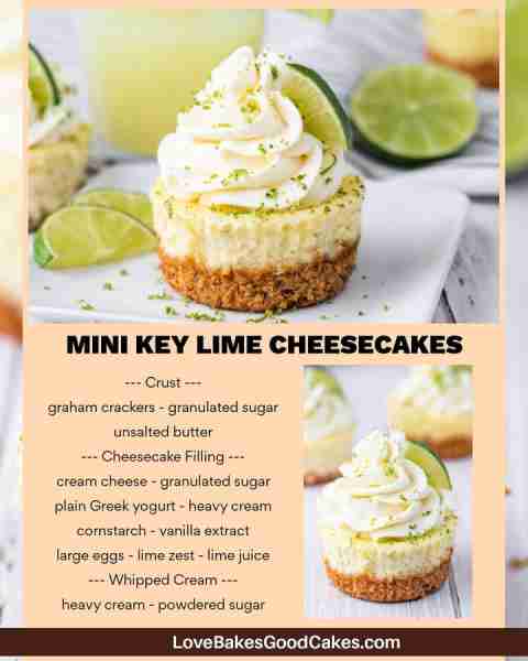 RECIPE - https://www.lovebakesgoodcakes.com/mini-key-lime-cheesecakes/ Mini Key Lime Cheesecakes fea...