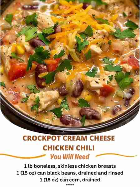 Crockpot Cream Cheese Chicken Chili 📋 Ingredients Main Ingredients: 1 lb boneless, skinless chicken...