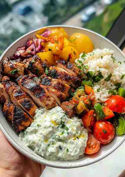 🍗🥣🇬🇷 Grilled Chicken Mediterranean Bowl with Tzatziki—a fresh and satisfying bowl packed with gril...
