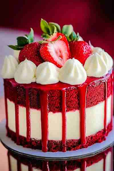 RED VELVET STRAWBERRY CHEESECAKE Red Velvet Cake Layers 1 ¾ cups all-purpose flour 1 tbsp cocoa powd...