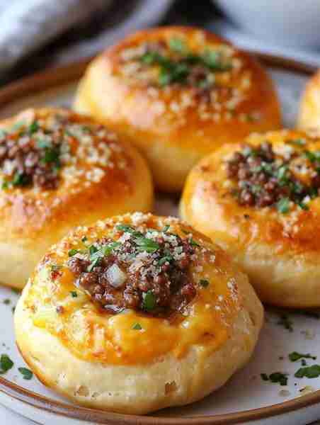 Garlic Parmesan Cheeseburger Bombs 🍔💣🧈 Needed: 1 lb ground beef 1 diced onion 1 tsp garlic...