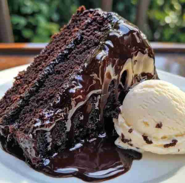 🍫 Triple Chocolate Cake with Hot Fudge Sauce 🍨 Super moist layers, fudgy filling, and glossy ganac...