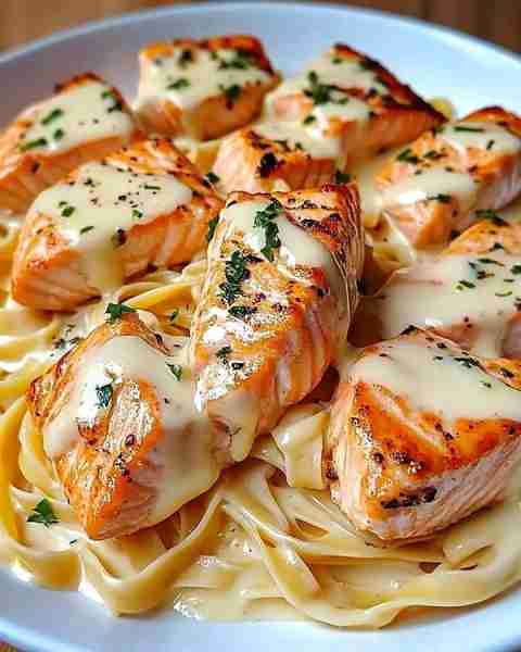 Creamy Garlic Butter Salmon Pasta 🍣🍝 Ingredients: - 2 salmon fillets, cut into chunks - 1 cup heav...