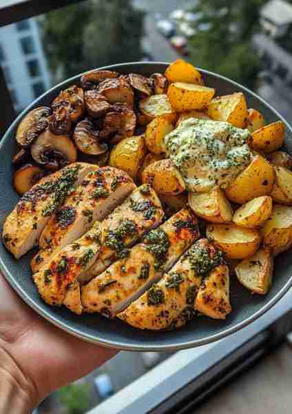 🇬🇷🌿🐔 Greek Garlic Chicken with Roasted Potatoes & Creamy Mushroom Pesto—a Mediterranean delight wi...
