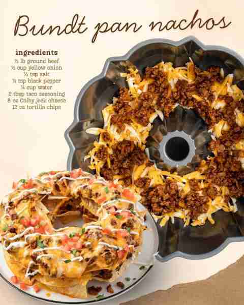 Bundt Pan Nachos! Ingredients ½ pound of lean ground beef ½ cup of diced yellow onion ½ teaspoon of...