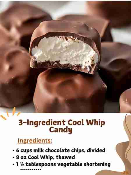 3-Ingredient Cool Whip Candy 🍫😋 Ingredients: 6 cups milk chocolate chips, divided 8 oz Cool Whip,...