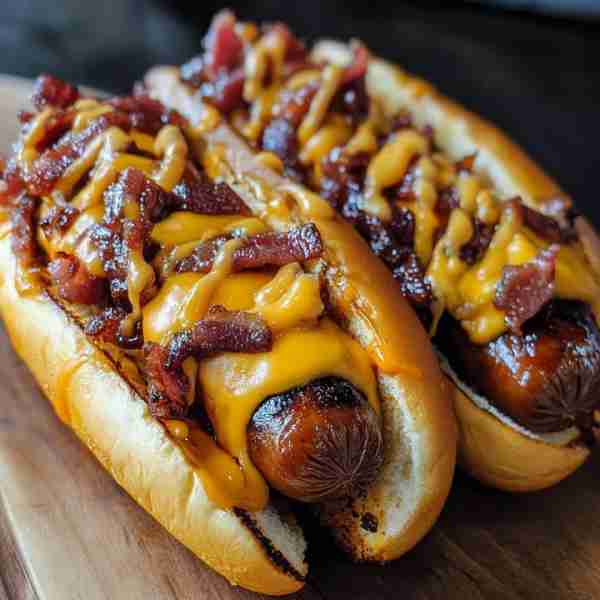 Double BBQ Bacon Cheeseburger Dogs Ingredients: 8 beef hot dogs 8 hot dog buns 1 lb ground beef 1/2...