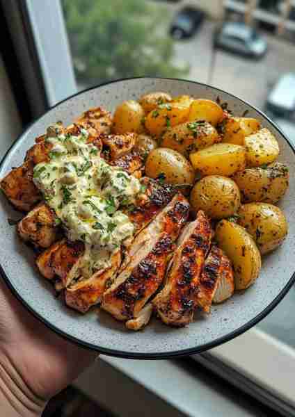 🌶️🌿🐔 Greek Spicy Garlic Chicken & Potatoes with Mushroom Feta Pesto Cream—a Mediterranean explosio...