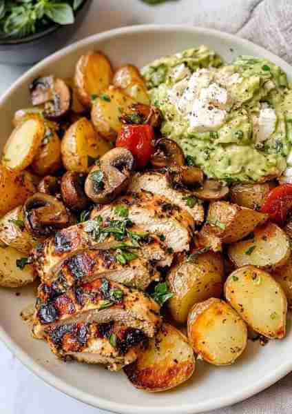 🥑🌿🐔 Greek Garlic Chicken & Crispy Potatoes with Avocado Mushroom Pesto Sauce—a vibrant and flavor...