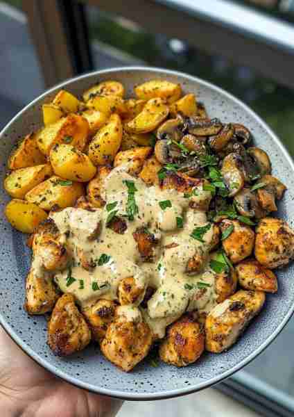 🌿🍄🐔 Creamy Garlic Mushroom Chicken Alfredo with Basil Pesto Potatoes—a rich and flavorful dish! T...