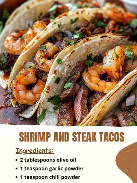 Shrimp and Steak Tacos Ingredients: 2 tablespoons olive oil 1 teaspoon garlic powder 1 teaspoon chi...