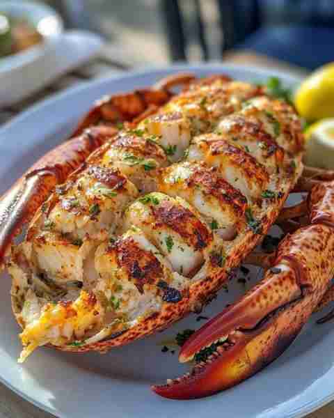 GARLIC HERB GRILLED LOBSTER A delightful and luxurious dish featuring tender lobster tails brushed w...