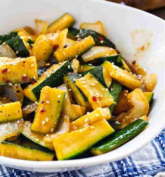 Japanese Zucchini is sauteed with onion in soy sauce and teriyaki sauce plus a few red pepper flakes...