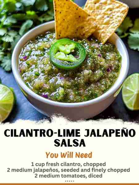 Cilantro-Lime Jalapeño Salsa Ingredients: 1 cup fresh cilantro, chopped 2 medium jalapeños, seeded...