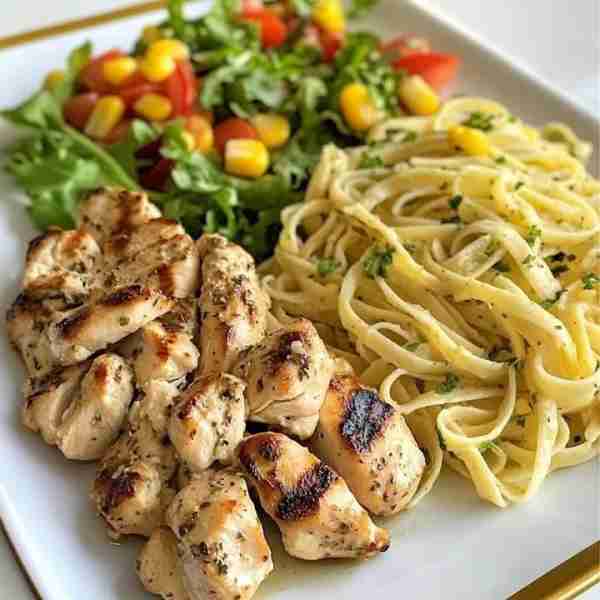 Herbed Chicken with Spaghetti and Veggie Salad 🍗🍝 Enjoy this wholesome trio of tender herbed chick...