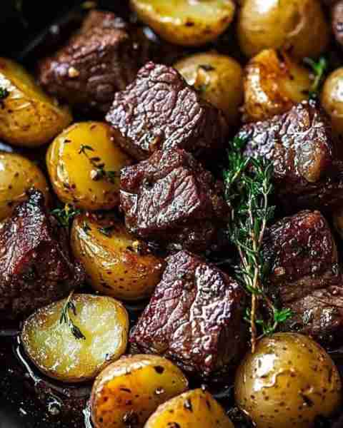 Seared Beef Bites with Roasted Baby Potatoes and Thyme . Ingredients: 1 lb beef sirloin, cut into bi...