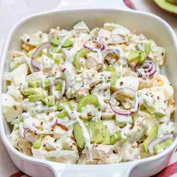 SUPER Fast and Easy, protein packed, chopped salad! The dressing is light, creamy and tangy, so it d...