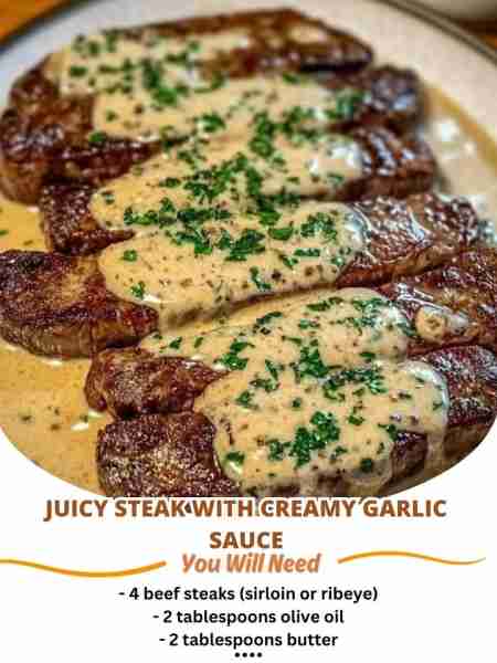 Juicy Steak with Creamy Garlic Sauce 🥩🧄 Ingredients: - 4 beef steaks (sirloin or ribeye) - 2 table...