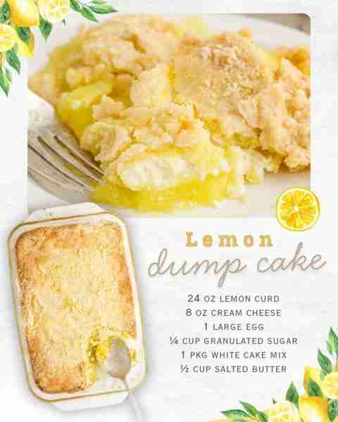 Lemon Dump Cake! Ingredients 🍋2 (12-ounce) jars of lemon curd 🍋8 ounces of cream cheese, softened...