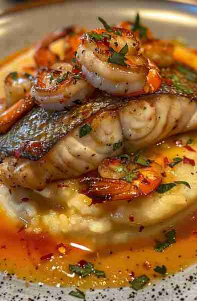 Seared Fish with Shrimp and Mashed Potatoes Ingredients: For the Fish: 2 fillets of your choice of f...