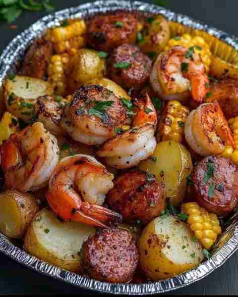 Shrimp, Corn, Potatoes, and Smoked Sausage Foil Pack Ingredients: 1 lb shrimp (peeled and deveined)...