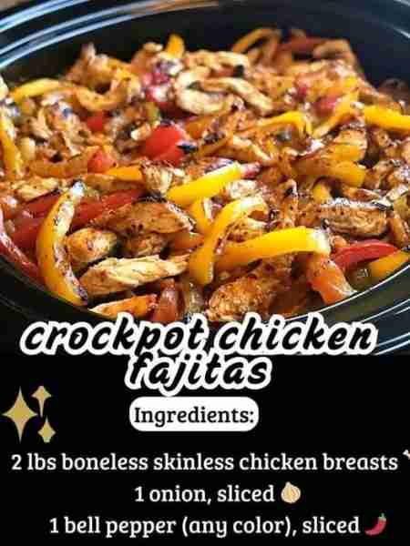 Crockpot Chicken Fajitas Recipe Ingredients: 2 lbs boneless skinless chicken breasts 1 onion, sliced...