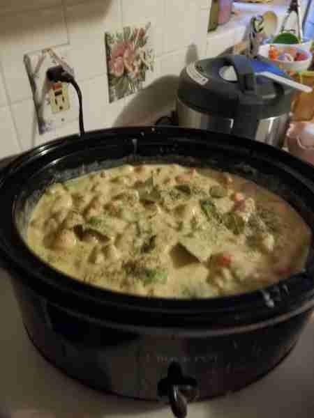 Cooking Chicken & Dumplings in the Crockpot for dinner tonight. Just add 6 cans of Cream of Chicken...