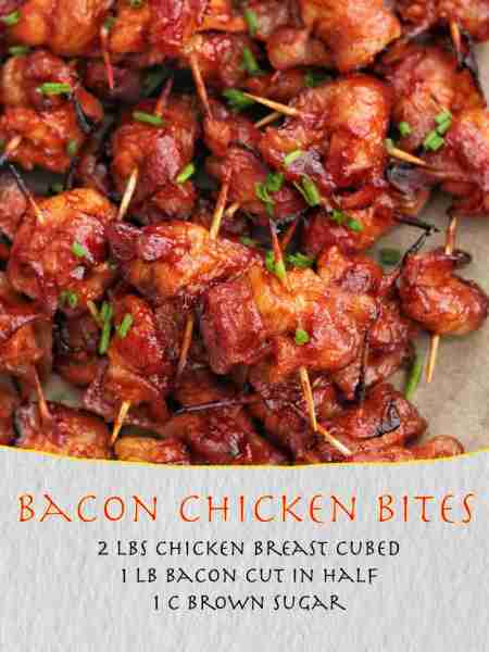 Bacon chicken bites. Soo good! 2 lbs chicken breast cubed 1 lb bacon cut in half 1 C brown sugar 1 t...