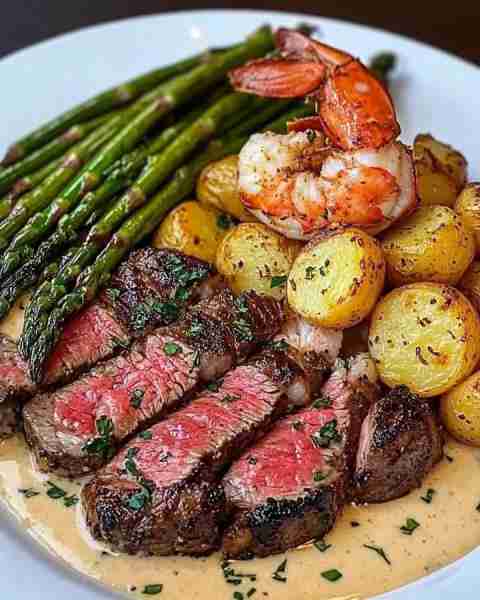 Surf & Turf Deluxe: Seared Steak with Shrimp Cream Sauce, Lobster Tail, Roasted Baby Potatoes & Aspa...