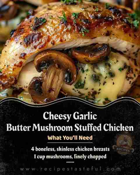 Cheesy Garlic Butter Mushroom Stuffed Chicken that’s sure to impress! Ingredients: 4 boneless, skinl...