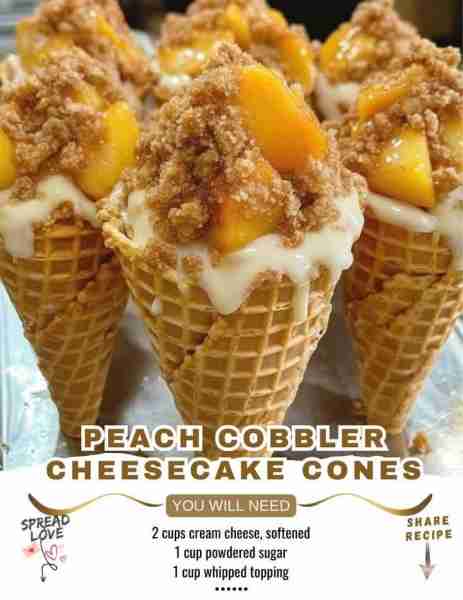 Peach Cobbler Cheesecake Cones Ingredients: Cheesecake Filling: 2 cups cream cheese, softened 1 cup...