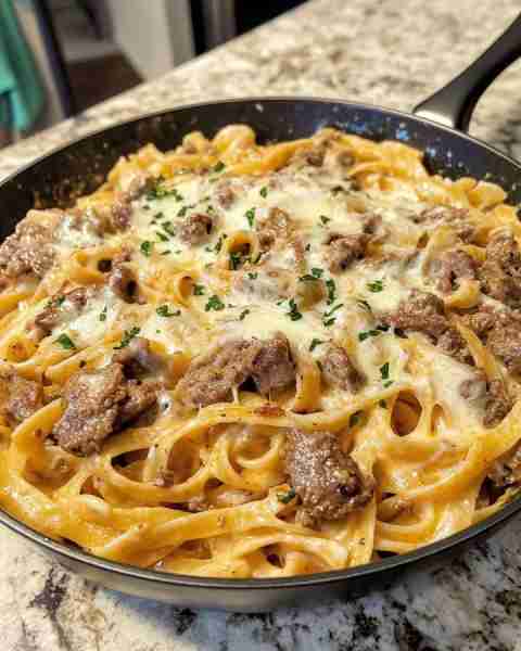 SAVORY GARLIC BEEF OVER CREAMY LINGUINE Ingredients: 12 oz linguine pasta 1 lb flank steak, thinly s...