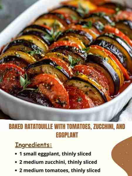 Baked Ratatouille with Tomatoes, Zucchini, and Eggplant Ingredients: 1 small eggplant, thinly sliced...