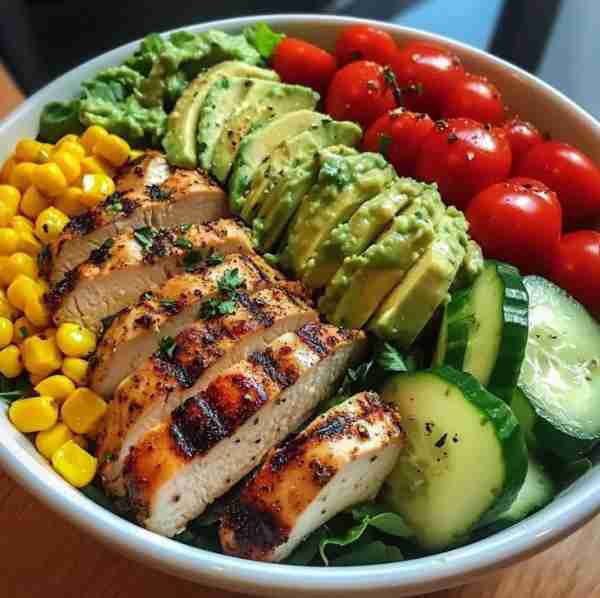 Grilled Chicken & Avocado Salad Bowl 🥑 A fresh, protein-packed meal with juicy grilled chicken, cri...