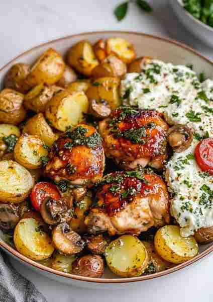🍯🌿🐔 Greek Hot Honey Garlic Chicken with Roasted Potatoes & Mushroom Basil Pesto—a Mediterranean-i...