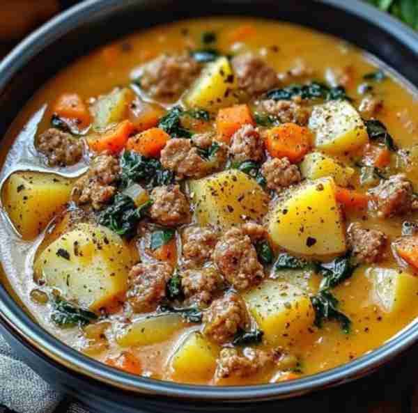 Hearty Sausage Potato Soup 🥔🥣 Ingredients: 1/2 lb ground sausage 3 potatoes (cubed) 1 carrot (dice...