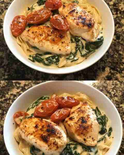 Chicken and Spinach Alfredo with Roasted Tomato Creamy Chicken Spinach Alfredo with Oven-Roasted Tom...