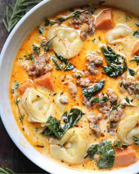 Creamy Sausage Tortellini Soup with Spinach and Sweet Potatoes or Carrots (or regular potatoes, or y...