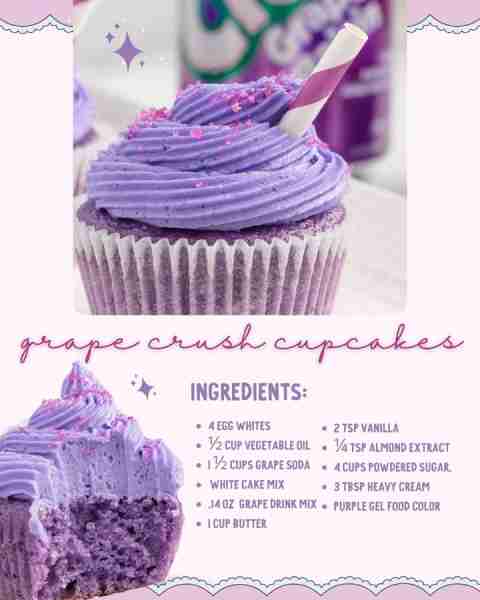 Grape Crush Cupcakes! ingredients: 4 egg whites ½ cup vegetable oil 1 ½ cups grape soda white cake m...