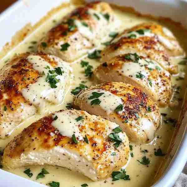 Baked Caesar Chicken with a Creamy Parmesan Sauce 🍗🥗🧀 Delicious chicken topped with a creamy, ch...