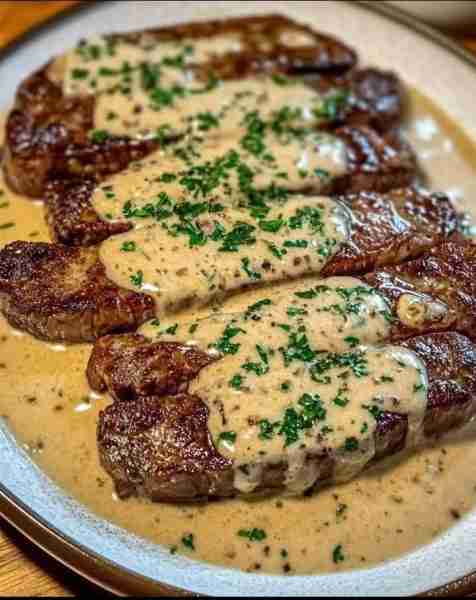 Juicy Steak with Creamy Garlic Sauce 🥩🧄 Ingredients: - 4 beef steaks (sirloin or ribeye) - 2 table...