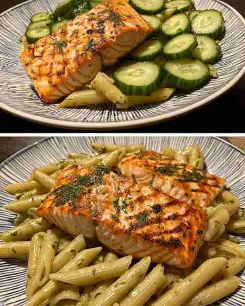 Grilled Salmon with Cucumber Dill Penne Char-Grilled Salmon over Creamy Cucumber Dill Pasta Ingredie...
