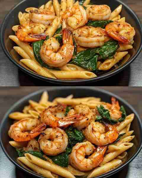 Basil Garlic Shrimp with Spinach Penne Sautéed Garlic Shrimp and Spinach Penne in Fresh Basil Sauce...