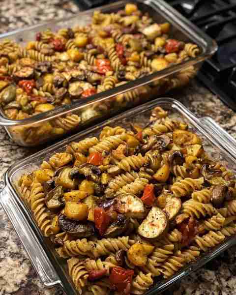 Roasted Veggie Pasta with Goat Cheese Oven-Roasted Vegetable Medley Pasta with Creamy Goat Cheese Cr...